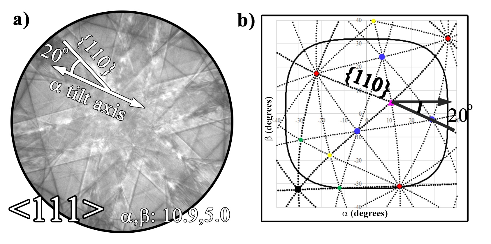 Determination of orientation of a known cubic crystal by
measuring angles with relationship to the α tilt axis using a Kikuchi
pattern (a) and plotting out the pattern with respect to the α tilt axis
(b).